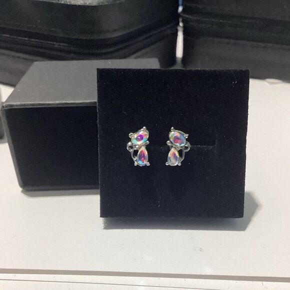 - 😺Petite Tiny Sterling Silver (925) Iridescent Diamond Cat Earrings💎 - Picture 5 of 16